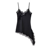  MQTIME  - Irregular Lace Stitching Mini Dress Women Satin Off Shoulder Sleeveless See Through Short Dresses Sexy Casual Summer Party Gown