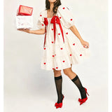 MQTIME  -  Women's Cute Satin Bownot Tied Heart Print Puff Short Sleeve Ruffle Hem Tiered Flowy Loose A-Line Mini Babydoll Dress