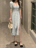 MQTIME  -  Women's Blue Floral Puff Sleeve Midi Dress Sweetheart Tie Front Split Dress