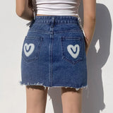 MQTIME  -  Y2k Vintage Party Club Streetwear Mini Skirts Bodycon Clothes 2024 Fashion Harajuku Women Lovely Heart Print A Line Denim Skirt