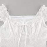 MQTIME  -  French Style White Lace Trim Short Sleeve Dress 2025 Summer A Line Bow Tie Casual Mini Dress