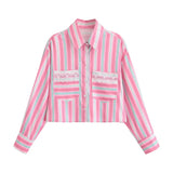 MQTIME  -  Women Pink Plaid Lace Shirt Top Leisure Long Sleeved Single Breasted Lapel Lady Summer Blouses Casual Streetwear French Style