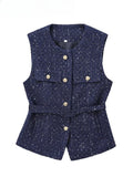 MQTIME  -  Women Sequin Blue Vest New Fashion with Belt Vests for Women 2024 Autumn Sleeveless Coat Streetwear Chic Waistcoat Tops