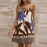MQTIME  -  Pattern Print Vintage Dress Casual Sleeveless Hollow Out Loose A-line Dress Summer New Backless Pleat Mini Dress