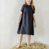 MQTIME  -  Summer Cotton Linen Ruffled Crew Neck Girls Dress New Casual Loose Ruched Back Wooden Buttons Short Sleeve Linen Dresses