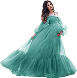 MQTIME  -  Puffy Sleeve Maternity Dress Tulle Robe With Underskirt for Photoshoot Off Shoulder Pregnancy Baby Shower Gown