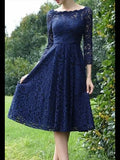 MQTIME  -  Navy Lace Mother of the Bride Dresses Boat Neck Three Quarter Sleeves Ziper Back Tea Length Wedding Party Dresses
