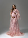 MQTIME  -  Blush Pink Maternity Dress with 3D Flower Embroidery, Boho One Shoulder Gown for Pregnancy Photoshoot Baby Shower Maternity Gown
