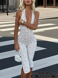 MQTIME  -  Fashion Hot Girl Lace Halter Neck Jumpsuits Women Sexy Deep V-neck Backless Package Hip Slim Seven-point Pants Jumpsuit