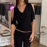  MQTIME  -  Women's Elegant Black Cold Shoulder Top with Draped Neckline Ruched Waist Short Flared Sleeves Casual & Chic Crop Clothes