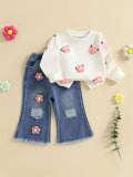 MQTIME  -  Girls Autumn Fashion Floral Print Hoodie and Distressed Denim Flare Pants Set for Toddlers