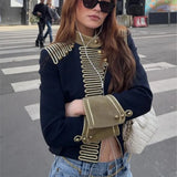 MQTIME  -  Women Fashion  Gold Braided Cropped Military Jacket Autumn Female Chic Jacket Lady Long Sleeve Short Napoleon Coat