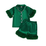 MQTIME  -  Girls Summer Pajama Sets with Short Sleeve Lapel Button Up Plush Cuff Shirt and Shorts for Comfortable Sleepwear