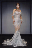 MQTIME  -  New Arrivals Elegant Shiny Rhinestones Off Shoulder Sexy Maternity Shoot Dress Sequin Fishtail Robe De Soiree