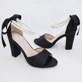 MQTIME  -  New High Heels Women's Thick Heel Sandals Versatile Ribbon Bow Pearl Belt Sandals.