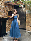 MQTIME  -  Elegant Women Denim Dress Solid Simple Square Colalr Sleeveless A-Line Blue Vestidos Female Summer Versatile Jeans Maxi Dresses