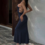  MQTIME  -  New Summer Solid Color Sexy Design Thin Shoulder Strap Back Hollow out Dress for Women