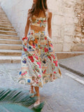 MQTIME  -  Beach Style Dress Sets Femme Floral Printing Crop Top Maxi Skirts Two Pieces Outfits Ethnic Camis Vestidos Boho Suits