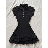 MQTIME  -  Korean Grey Waist Cinched Dress Women Summer New Slim Fit Cake Ruffle Hem A‑Line Mini Dress Fashion Dresses