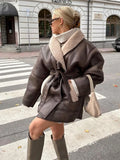 MQTIME  -  Fashion Retro Leather Women's Coat Winter Warm Windproof Plush Lining Coats with Belt Women Solid Turndown Collar Outerwears