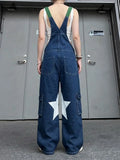 MQTIME  -  Retro Casual Star Denim Overalls Straight Jeans Jumpsuits Trousers High Waist Loose Wide-leg Rompers Jumpsuits for Women