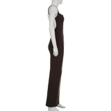 MQTIME  -  Elegant Backless Maxi Dress Women Brown Cowl Neck Sleeveless Bodycon Floor Length Evening Party Vacation Resort Fashion Gown