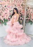 MQTIME  -  Light Pink Long Tulle Women Maternity Dresses Photography Ruffled Tutu V Neck Robe Gowns Baby Shower Dress