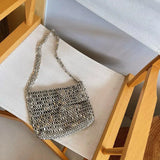 MQTIME  -   Vintage Handmade Ladies Handbag Weave Beaded Fashion Silver Color Shining Sequin Shoulder Bag Clutches Womens Party Handbag