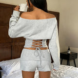 MQTIME  -  Women Solid 2 Piece Set Tracksuits Off Shoulder Long Sleeve Lace Up Slim T-shirts Crop Tops + Shorts Casual Streetwear Suits