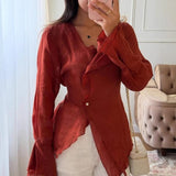  MQTIME  -  Spring/Summer New Lace Solid Color Irregular Versatile Casual Long Sleeve Shirt for Women