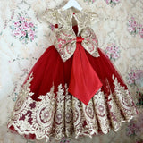 MQTIME  -  Red Flower Girl Dresses for Wedding Bow Lace Appliques Floor Length Girl Birthday Party First Holy Communion Gowns