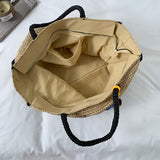  MQTIME  -  Women Large Capacity Hand Woven Straw Tote Bag Top Handles Simple Letter Embroidery Summer Beach Travel Shopping Handbag