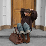 MQTIME  -  Oversize Knit Solid Women Sweater O Neck Full Lantern Sleeve Lady Pullover 2024 Autumn Elegant Solid All-match Female Knitwear