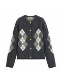MQTIME  -  Women Vintage Casual Chic Cardigan Women Argyle O-Neck Single Breasted Knitted Coat Fashion Autumn Winter Holiday Lady Coat