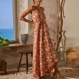 MQTIME  -  Vintage Pattern Print Loose Irregular Long Dress Women Spring V Neck Halter Boho Maxi Dress Summer Backless Vacation Beach Dress
