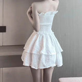 MQTIME  -  White Lace Strapless Mini Dress Sweet Sexy Backless Girdle Waist Ruffle Casual Slim Dresses Party Vacation Short Dress