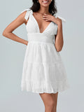 MQTIME  -  Women Summer White Dress Bow Lacing Strap V-Neck Hollow Eyelet Ruffle Hem A-Line Short Cami Dresses