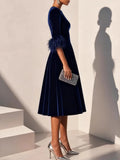 MQTIME  -  Spring Autumn 3/4 Sleeve Elegant Velvet Midi Dress Women's Clothing Casual Party Work Evening Sheath Office Lady Dresses