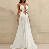 MQTIME  -   Sexy Ladies Deep V Hollow High Waist Long Dress Mesh Backless Suspender Evening Dress Elegant Sleeveless Pleats Robe Dress Mujer