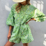 MQTIME  -  Women Summer Long Sleeve Playsuit with Waist Elastic Band Casual Stand Collar Pocket Loose Wide Leg Short Jumpsuit