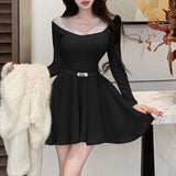 MQTIME  -  Women Rhinestone Mesh Off Shoulder Mini Dress Long Sleeve Autumn Winter French Style Elegant A Line Party Short Dresses 2 Colors