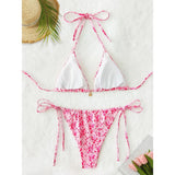 MQTIME  -  Women's Y2K Floral Print Brazilian Bikinis Set Lace-up Halter Neck String Swimsuits Summer Two Piece Bathing Suit
