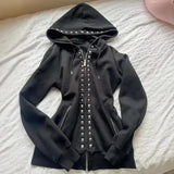  MQTIME  -  Y2K New Emo Fashion Rivet Zipper Hoodie Women Harajuku Black Oversized Hoodie Gothic Retro Classic Sweatshirt Autumn Clothing