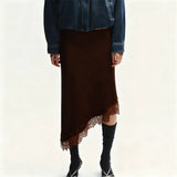 MQTIME  -  Women Lace Trim Satin High Low Skirt Asymmetrical Hem Flowy Midi Slip Skirt Y2k A Line Silky Underskirt