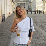 MQTIME  -  Pure White One Shoulder Asymmetric Blouse Women's Chic Ruched Bust Minimalist Sleeve Tops Lady Fashion Dating Night T-shirt