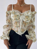 MQTIME  -  Floral Print Lace Trim Cold Shoulder Corset Top with Long Sleeves - Stylish Clubwear for Women s Street Style Fashion