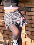 MQTIME  -  Pink Ribbon Bow Plaid A-line Pleated Mini Skirt Short Skirts @e-girl harajuku fairycore 2000s grunge goth aesthetic korean cloth