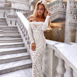 MQTIME  -  Off Shoulder Lace Fishtail Dress Party Women Elegant Long Sleeve Embroidered White Dresses Woman Evening Bride Smaid Vestidos