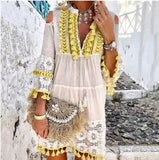 MQTIME  -  Beach Boho White Lace Fashion Eu Mini Dress Women Autumn Pop Tassel Loose V Neck Dresses Lady Female Clothing