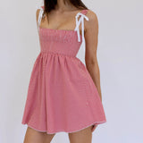 MQTIME  -  Cute Y2K Women's Mini Plaid Dress A-Line Square Neck Backless Ruffled Hem Tie-Up Spaghetti Strap Dress for Summer